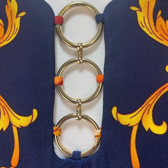 MSK Navy orange red Teal chain and floral print sleeveless dress women’s size M - Picture 4 of 16